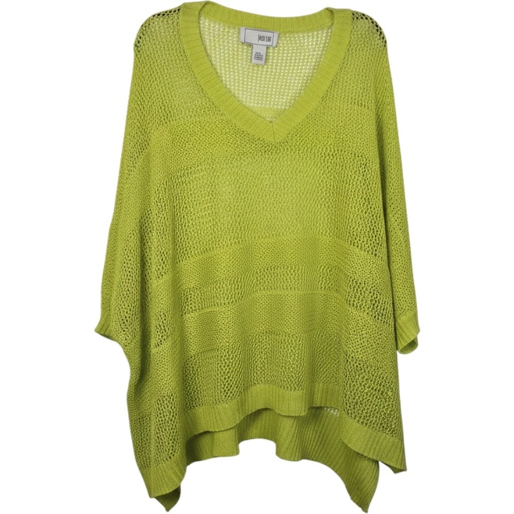 Joan Vass Lime Green Linen Blend Open Knit Poncho Sweater V-Neck One Size Womens